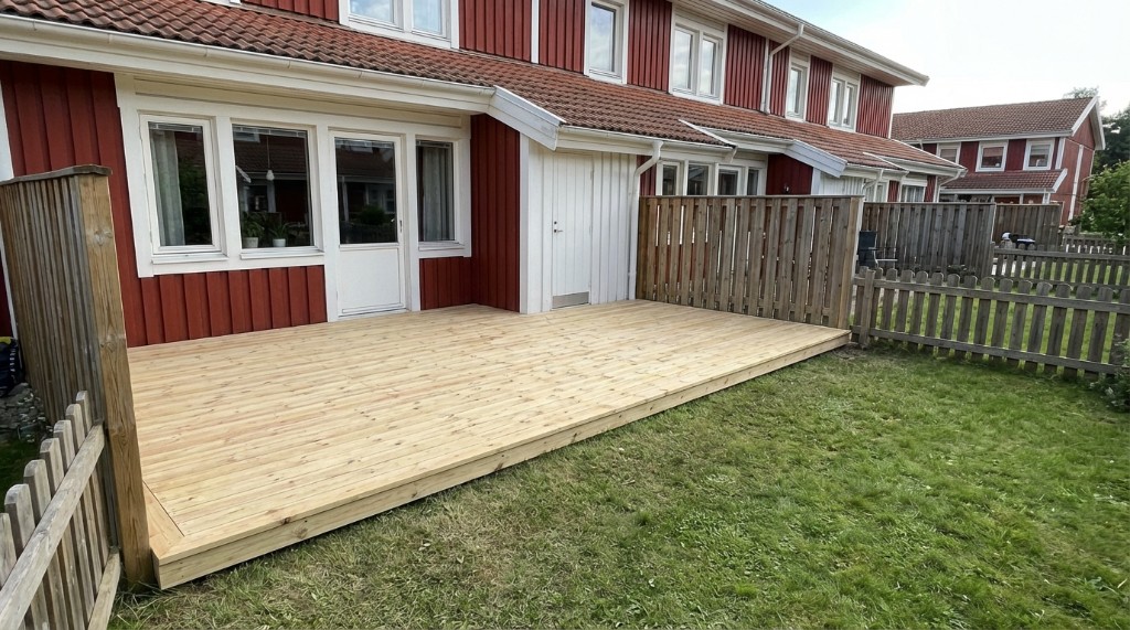 Nybyggd trädäck i varm ton